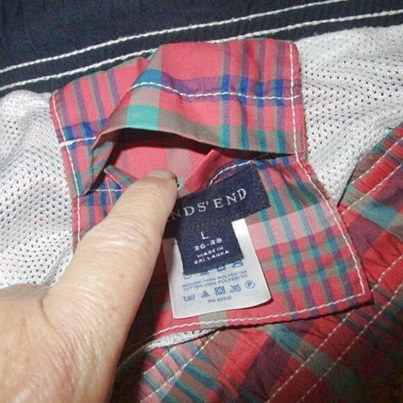 Lands End VOLLEY Swim Trunks Size L 36 38 UPF Lined POCKETS Drawstring PLAID 6" - Picture 7 of 11